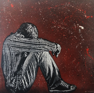 Sitting kid, aérosol sur toile, 100x100cm., 2014 